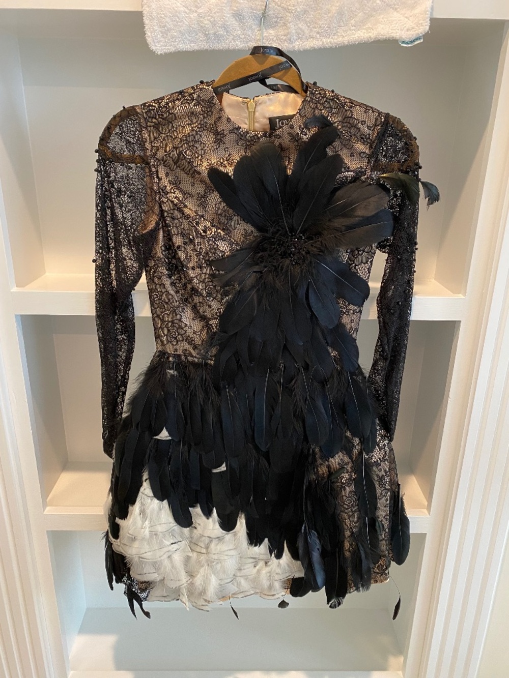 Jovani black and white feather dress